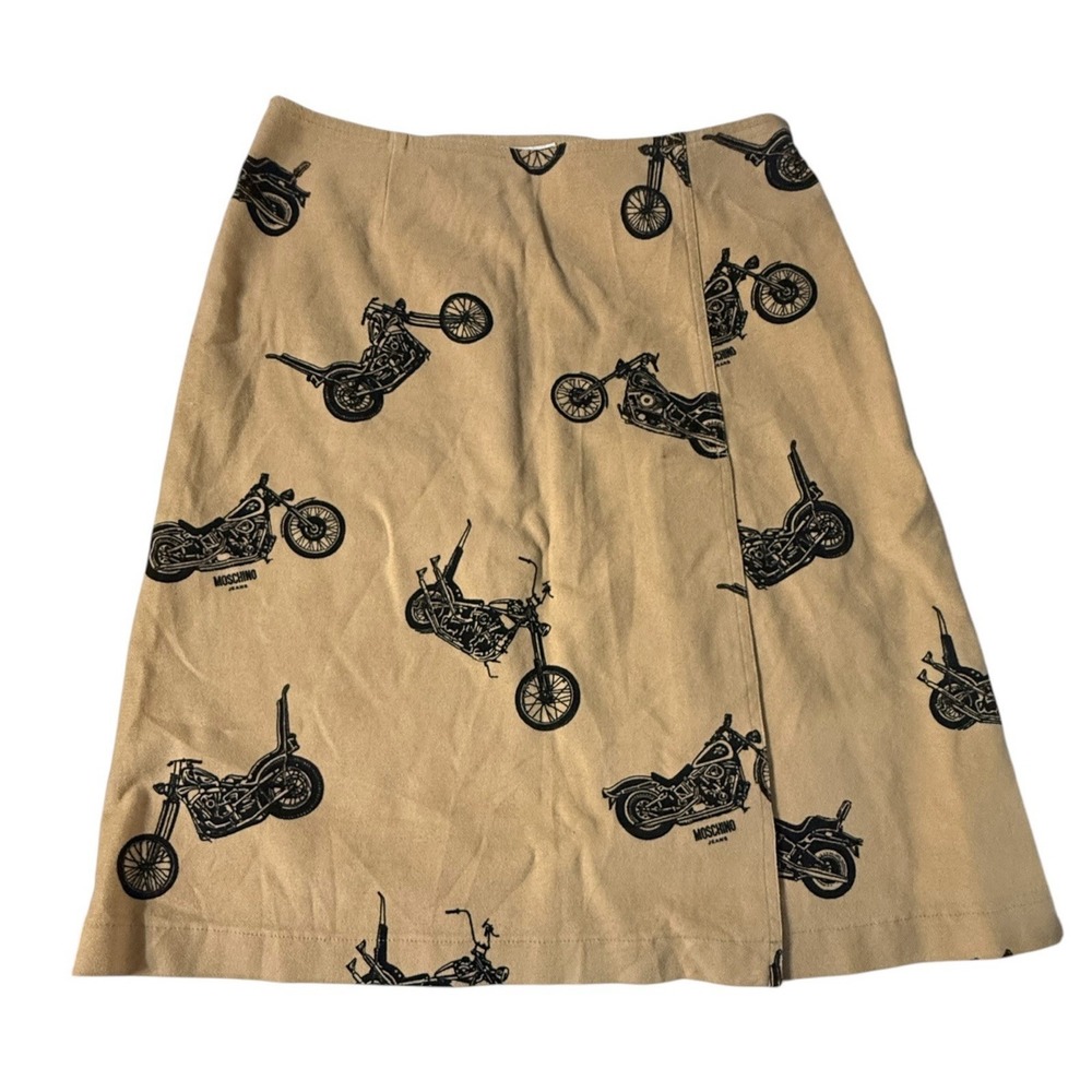 Vintage Moschino Jeans Motorcycle Print A-Line Skirt IT 42 US 8 Tan 90s Italy